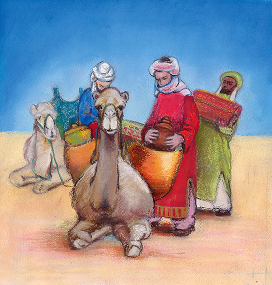 Urachhaus Mein kleines Weihnachtsbuch Bettina Werchan_24772 Drei Personen in traditioneller orientalischer Kleidung stehen mit zwei Kamelen die Körbe tragen unter einem strahlenden Himmel - ein Bild aus "Mein kleines Weihnachtsbuch Bettina Werchan" von Urachhaus.