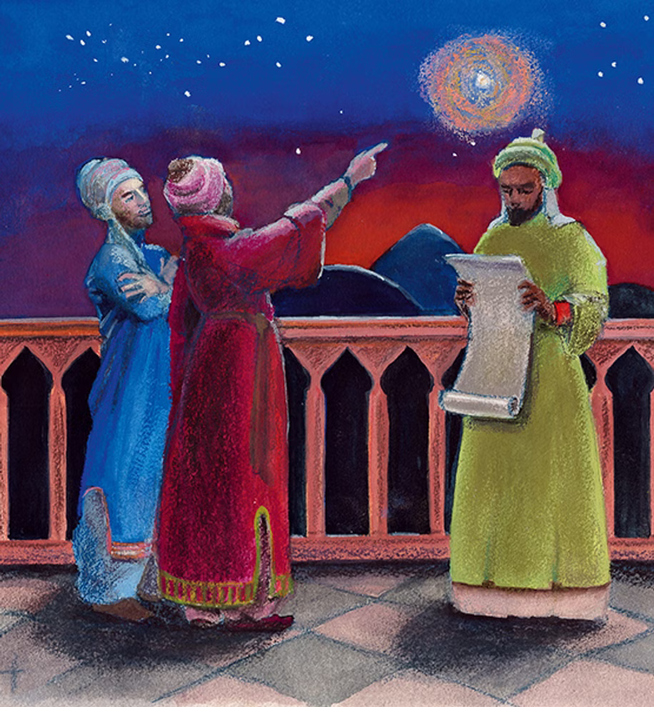Urachhaus Mein kleines Weihnachtsbuch Bettina Werchan_24773 Auf dem Cover von "Mein kleines Weihnachtsbuch" von Bettina Werchan (Urachhaus) stehen drei Figuren in bunten Gewändern auf einem nächtlichen Balkon - eine zeigt auf einen hellen Stern eine andere blickt nach oben eine dritte liest aus einer Schriftrolle d
