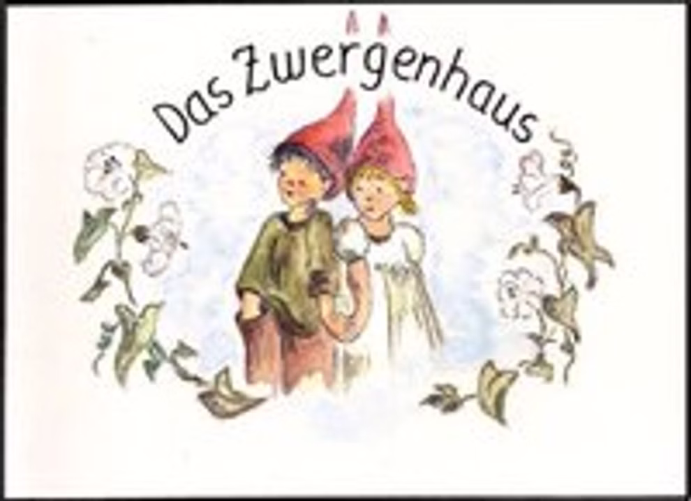 Mellinger Verlag Das Zwergenhaus Sabine Jaene_9543 Ein skurriles Bild eines Jungen und eines Mädchens mit roten Elfenhüten unter "Das Zwergenhaus Sabine Jaene" vom Mellinger Verlag umgeben von weißen Blumen und grünen Ranken auf hellem Hintergrund.