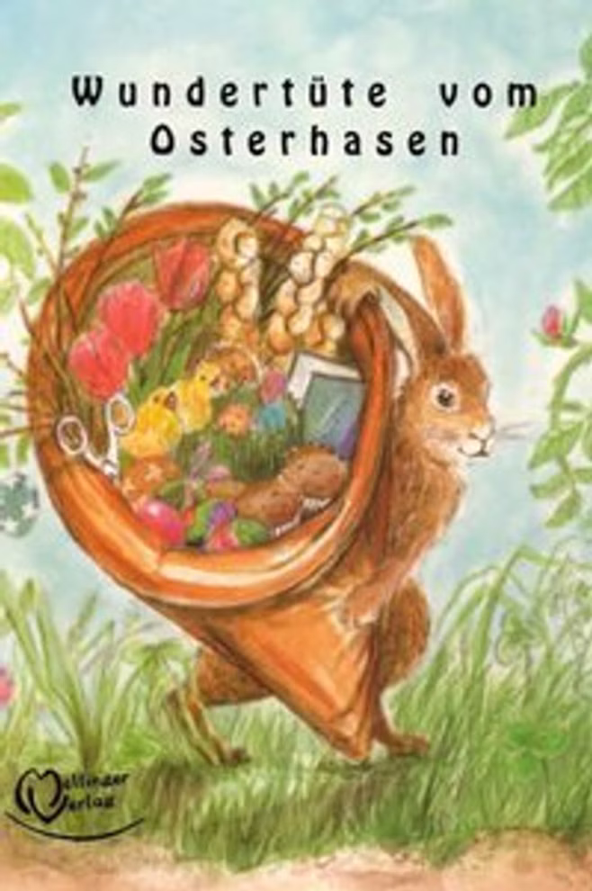 Mellinger Verlag Wundertüte vom Osterhasen Lese- und Mitmachbuch für die ganze Familie_9565 Die "Wundertüte vom Osterhasen Lese- und Mitmachbuch für die ganze Familie" aus dem Mellinger Verlag zeigt einen Osterhasen der eine leuchtend orangefarbene Tasche mit Blumen Eiern und Geschenken unter dem deutschen Titel auf dem Cover trägt.