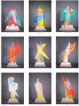 Ein Raster von neun lebendigen Die Eurythmiefiguren Rudolf Steiners Ausgeführt vom Atelier Köhl - 35 Einzelkarten von Info 3 jede abstrakte Figur in dynamischen Posen mit geometrischen Formen und einzigartigen Buchstabenbeschriftungen ausgestellt auf weiße