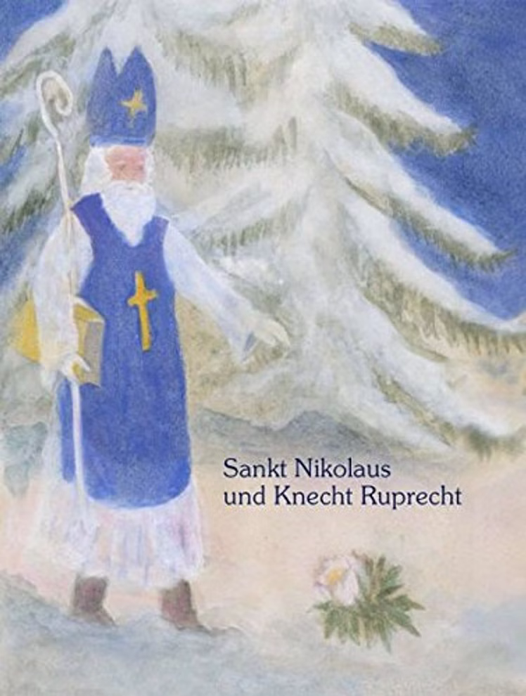 Edition Kunstschrift Sankt Nikolaus und Knecht Ruprecht _18165 Eine gemalte Illustration für "Sankt Nikolaus und Knecht Ruprecht" der Edition Kunstschrift zeigt den Heiligen Nikolaus in blauem Gewand mit gelbem Kreuz und Stab neben einem verschneiten Baum mit dem Titeltext.