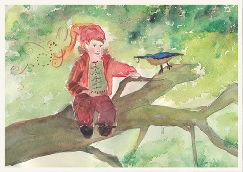 Postcard Dwarf and Bird
