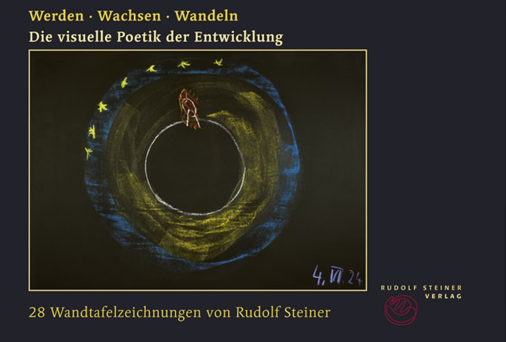 Rudolf Steiner Verlag Postkartenset Werden-Wachsen-Wandeln Rudolf Steiner _13676 Das Postkartenset Werden-Wachsen-Wandeln des Rudolf Steiner Verlags zeigt ein Buchcover mit der Kreidezeichnung einer auf einem dunklen Kreis sitzenden Figur die von blau-gelben Ringen und Sternen umgeben ist mit deutschem Text und Verlagsangaben.