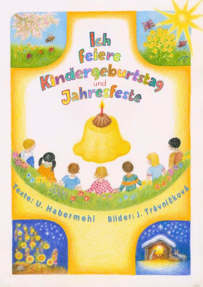 Buntes Buchcover für "Ich feiere Geburtstag und Jahresfeste" vom DUO Verlag mit deutschem Text und einer Illustration von Kindern die im Kreis um einen Kuchen mit Blumen und jahreszeitlichen Szenen sitzen.