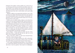 Thienemann Jim Knopf und Lukas der Lokomotivführer Michael Ende_30276 Eine lebendige Illustration aus "Jim Knopf und Lukas der Lokomotivführer" von Michael Ende (Thienemann) zeigt ein kleines Segelboot mit zwei Personen an Deck bei Nacht unter dem Mond und den Wolken mit deutschem Text auf der linken Seite.