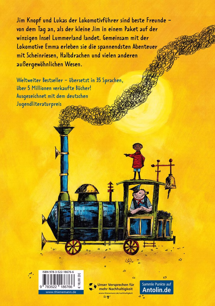 Thienemann Jim Knopf und Lukas der Lokomotivführer Michael Ende_30277 Eine skurrile blaue Lokomotive mit rauchförmigen Buchstaben trägt zwei lachende Kinder auf leuchtend gelbem Hintergrund mit deutschem Text über "Jim Knopf und Lukas der Lokomotivführer Michael Ende" von Thienemann.