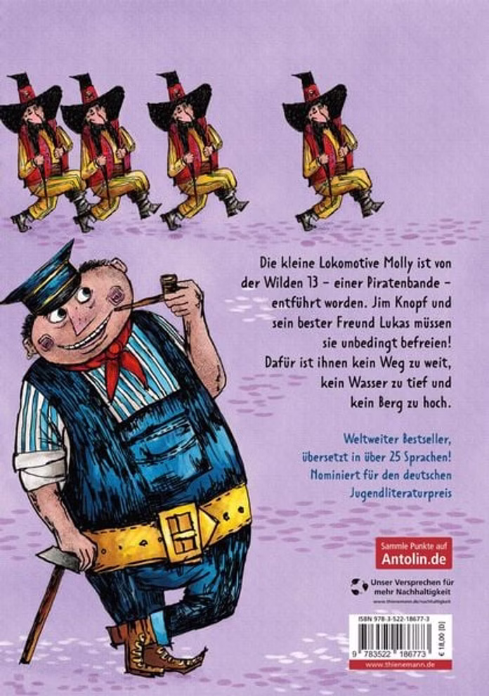 Thienemann Jim Knopf und die Wilde 13 Michael Ende_30268 Ein fröhlicher Zugführer lächelt mit einer Laterne während hinter ihm vier rot-gelb gekleidete Comic-Piraten marschieren. Der deutsche Text erzählt die Geschichte von Jim Knopf und die Wilde 13 von Michael Ende aus der Marke Thienemann.