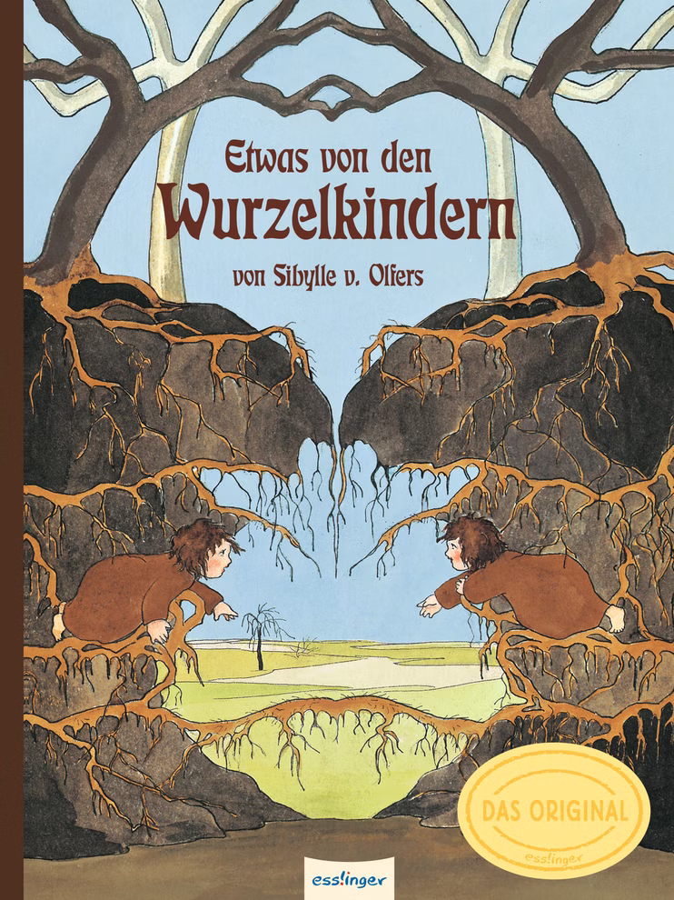 Esslinger Etwas von den Wurzelkindern Sibylle v. Olfers_14203 Das Buchcover von "Etwas von den Wurzelkindern Sibylle v. Olfers" von Esslinger zeigt Kinder in brauner Kleidung und Haaren die aus unterirdischen Wurzeln mit Pflanzen darüber hervorkommen und weist in der rechten unteren Ecke ein Originalsiegel auf.