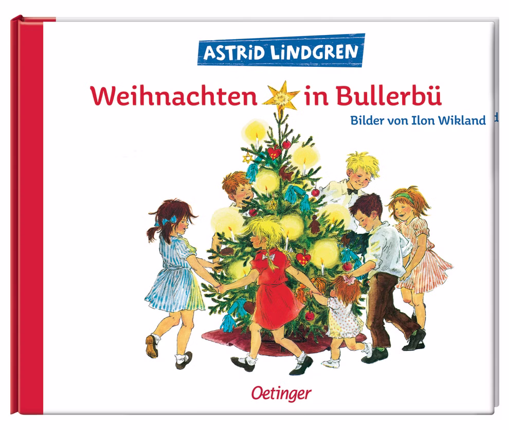 Oetinger Verlag Weihnachten in Bullerbü Astrid Lindgren _14284 Das illustrierte Cover zeigt sechs Kinder die um einen geschmückten Weihnachtsbaum tanzen. Das Buch mit dem Titel "Weihnachten in Bullerbü Astrid Lindgren" ist im Oetinger Verlag erschienen und wurde von Ilon Wikland illustriert.