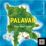 Das Cover der Spielschachtel von Legespiel - Palavan von Steffen Spiele zeigt eine Karte einer grünen Insel in blauem Wasser mit Booten Menschen und einem Gebäude. Der Name des Autors Niek Neuwahl steht am rechten Rand.