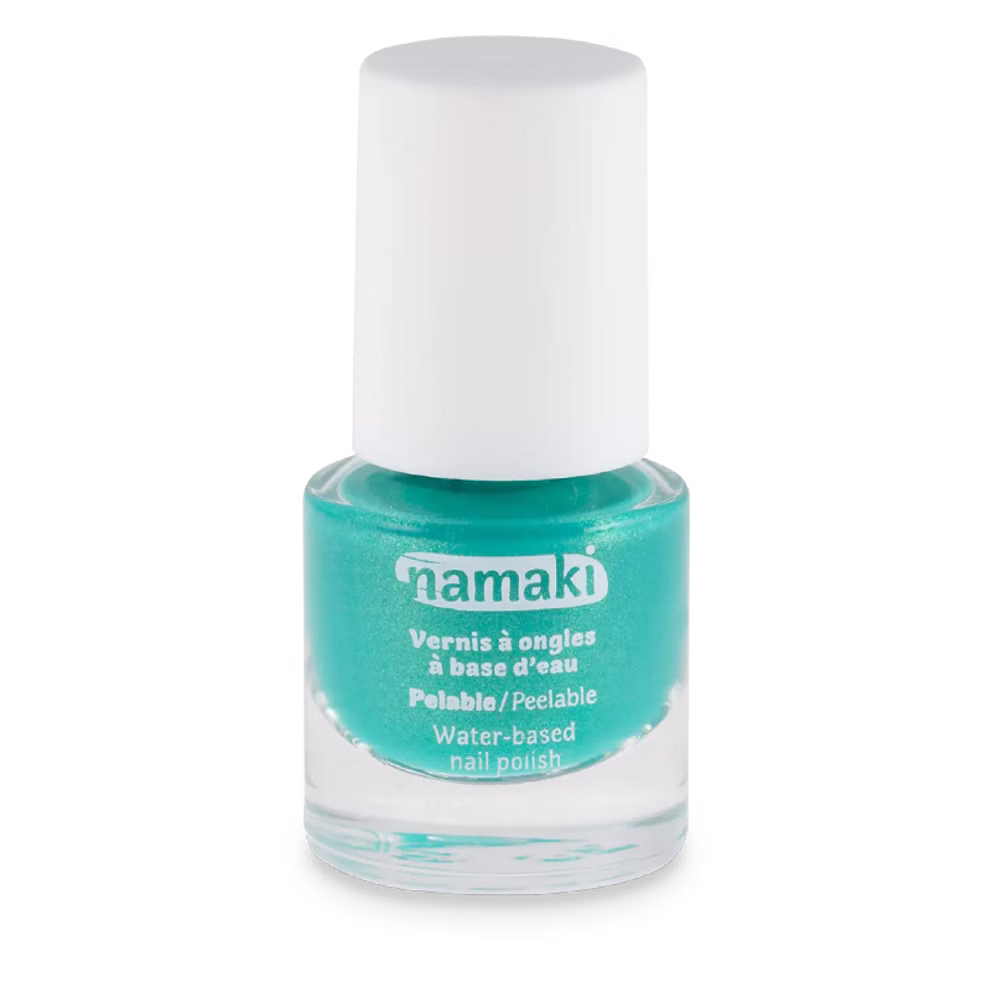Namaki Cosmetics Nagellack auf Wasserbasis in verschiedenen Farben _25302 türkis Ein Flakon von Namaki Cosmetics Nagellack auf Wasserbasis in Türkis mit weißem Verschluss und klarem Glasboden mit französischem und englischem Text auf der Vorderseite. türkis