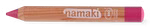 Ein Namaki Cosmetics Schminkstift in einer von 12 Farben mit einem Körper aus Naturholz und einer rosa Spitze horizontal auf einem weißen Hintergrund liegend. fuchsia