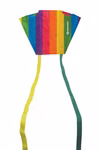 Schildkröt Taschendrachen 32 x 45 cm Schnur 20 m_15099 Der Schildkröt Taschendrachen (32 x 45 cm) zeigt leuchtende vertikale Regenbogenstreifen und zwei lange Schleifen - eine gelbe und eine grüne - mit einer 20 m langen Schnur vor einem weißen Hintergrund.