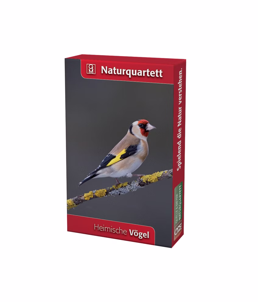 Quelle & Meyer Verlag Naturquartett Heimische Vögel _15682 Das Kartenspiel Naturquartett Heimische Vögel aus dem Quelle & Meyer Verlag kommt in einer roten Schachtel mit deutschem Naturtext und dem Foto eines Stieglitzes auf einem mit Flechten bewachsenen Ast.