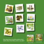 Quelle & Meyer Verlag Memory Tümpel Teiche Seen _15543 Neun illustrierte Naturkarten aus dem Spiel "Memory Tümpel Teiche Seen" des Quelle & Meyer Verlags sind auf grünem Hintergrund angeordnet. Am unteren Rand befinden sich zwei Spielschachteln und ein deutscher Text.