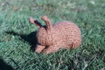 Die Strickpackung Hase Bastelset von Filges zeigt einen braunen gestrickten Stoffhasen mit nach vorne gebogenen Ohren der im grünen Gras liegt. Die weiche Garntextur verleiht dem handgefertigten Hasen ein gemütliches einladendes Aussehen.