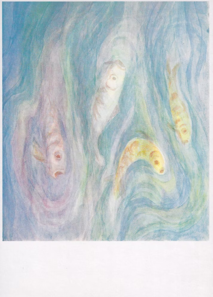 Margarethe Hauschka-Schule Postkarte Spielende Fische Margarethe Hauschka_14896 Die "Postkarte Spielende Fische Margarethe Hauschka" von der Margarethe Hauschka-Schule zeigt vier pastellfarbene Kois die anmutig im blau-grünen Wasser schwimmen mit verträumten Aquarelllinien.
