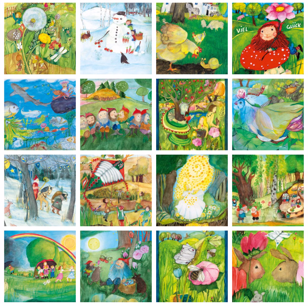 Waldow Verlag Postkarten Set Jahreszeiten und Feste Eva-Maria Ott-Heidmann_16248 Das Postkartenset Jahreszeiten und Feste von Eva-Maria Ott-Heidmann (Waldow Verlag) zeigt 16 lebendige skurrile Postkartenillustrationen von Kindern Tieren Blumen und märchenhaften Szenen in Wäldern Gärten und Schneelandschaften.