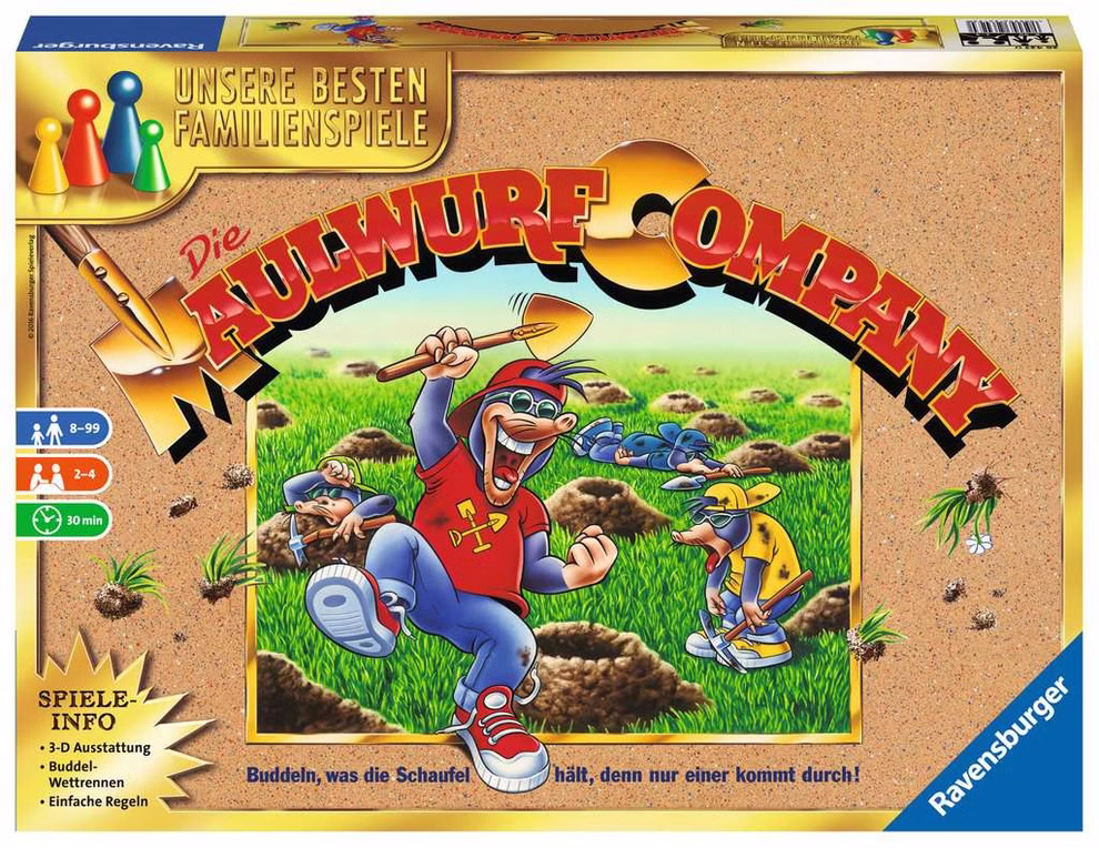 Ravensburger Maulwurf Company _17220 Das Brettspiel Maulwurf Company von Ravensburger zeigt eine bunte Schachtel mit Cartoon-Maulwürfen in Kleidung und Sonnenbrille die mit Schaufeln graben. Der Titel und das Markenlogo sind zusammen mit den wichtigsten Spieldetails abgebildet.