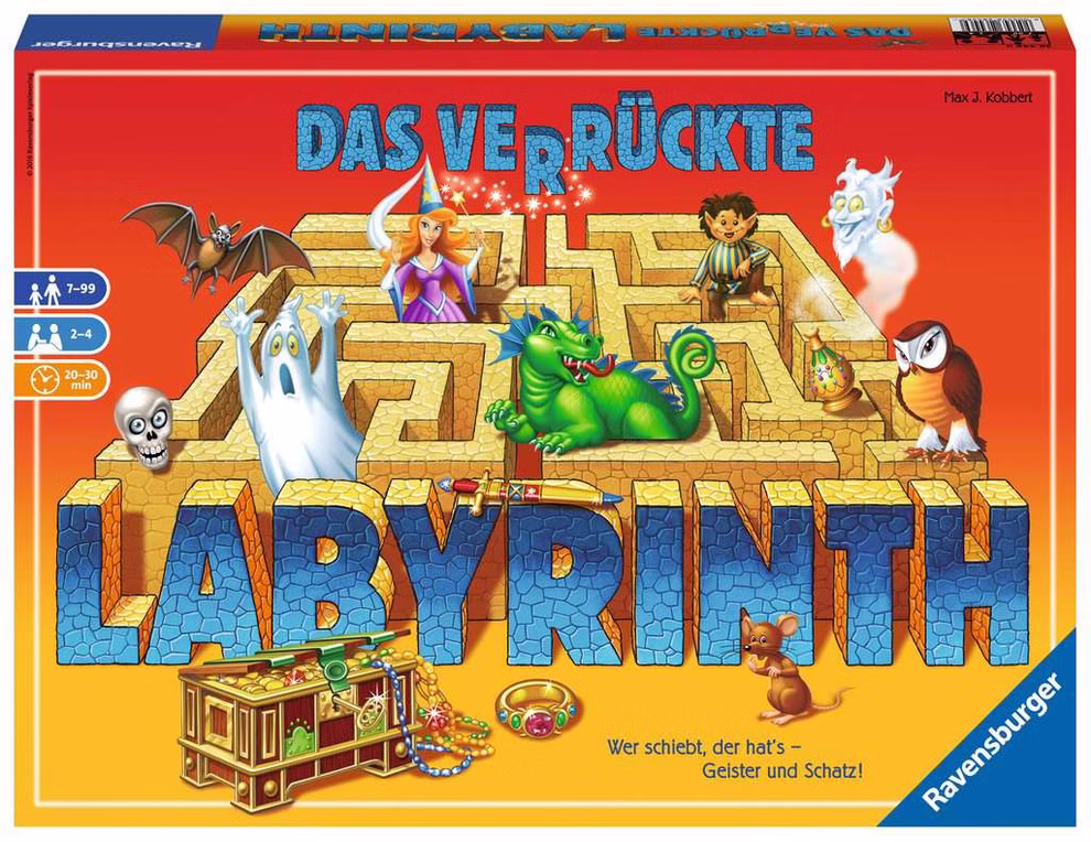Ravensburger Das verrückte Labyrinth _17181 Die Ravensburger Das verrückte Labyrinth Box zeigt einen rot-orangenen Hintergrund mit einem Labyrinth und Fantasiefiguren - Hexe Zauberer Geist Drache Fledermaus Prinzessin und Schatztruhe - auf dem Cover.