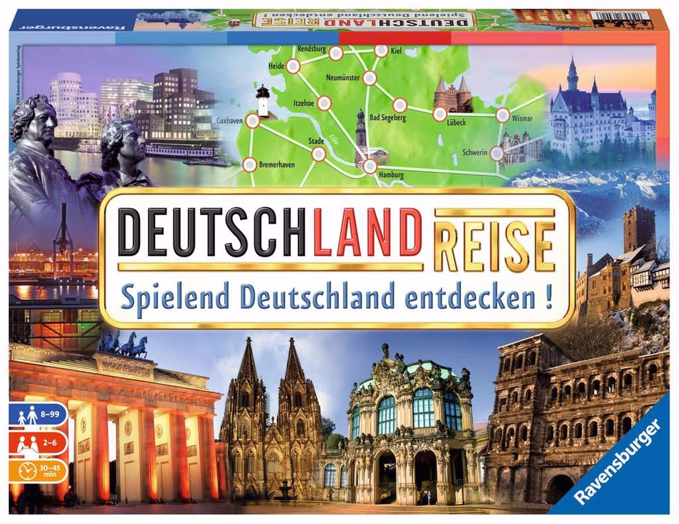 Ravensburger Deutschlandreise _17209 Das Bild zeigt das Ravensburger Brettspiel "Deutschlandreise" mit deutschen Wahrzeichen Stadtplan und Symbolen für 2-6 Spieler von 8-99 Jahren und einer Spielzeit von 30-45 Minuten.