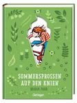 Oetinger Verlag Sommersprossen auf den Knien - Schmuckausgabe Maria Parr_33703 Buchumschlag von Sommersprossen auf den Knien - Schmuckausgabe von Maria Parr (Oetinger Verlag) mit grünem Blatthintergrund und einem rothaarigen Mädchen auf einem Fahrrad eingerahmt in die Form einer Eistüte.