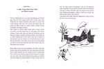 Oetinger Verlag Sommersprossen auf den Knien - Schmuckausgabe Maria Parr_33705 Zwei Seiten aus "Sommersprossen auf den Knien - Schmuckausgabe Maria Parr" aus dem Oetinger Verlag zeigen Text und eine Schwarz-Weiß-Illustration eines Skifahrers der auf ein verschneites Haus mit Rauch Bäumen und einer winkenden Frau an der Tür zurast.