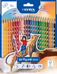 Lyra Buntstifte dünn ergonomisch 12 24 oder 36 Stück_34201 12 Das Bild zeigt eine Schachtel Lyra Buntstifte dünn ergonomisch (24 Stück) Buntstifte mit Griffpunkten und einem eingebauten Spitzer. Die Verpackung zeigt ein Kind das auf einem gefleckten Tier reitet. Auch in 12 oder 36 Stück erhältlich. 12