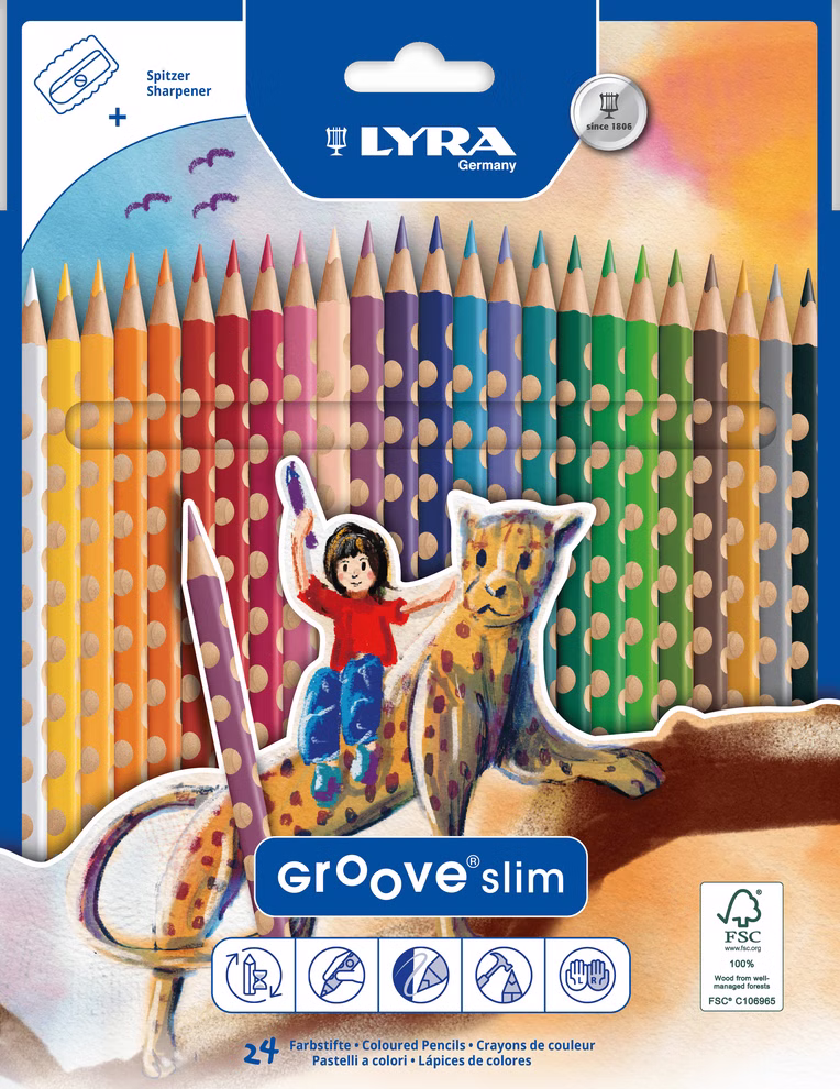 Lyra Buntstifte dünn ergonomisch 12 24 oder 36 Stück_34201 12 Das Bild zeigt eine Schachtel Lyra Buntstifte dünn ergonomisch (24 Stück) Buntstifte mit Griffpunkten und einem eingebauten Spitzer. Die Verpackung zeigt ein Kind das auf einem gefleckten Tier reitet. Auch in 12 oder 36 Stück erhältlich. 12