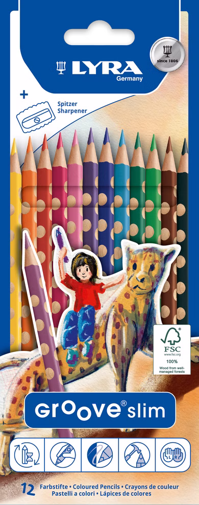 Lyra Buntstifte dünn ergonomisch 12 24 oder 36 Stück_34219 12 Ein 12er-Pack LYRA Buntstifte dünn ergonomisch geformte Buntstifte mit Anspitzer. Die Schachtel zeigt leuchtende Buntstifte eine Mädchenzeichnung einen Leoparden das FSC-Logo und einen mehrsprachigen Text auf der Unterseite. Erhältlich in Packungen zu 12 2 12