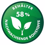 Auf dem UHU Klebestift ReNature Bastelkleber ist ein grünes kreisförmiges Abzeichen mit zwei weißen Blättern abgebildet. Um das Abzeichen herum steht der Text "Behälter 58% Nachwachsende Rohstoffe" was bedeutet dass der Behälter zu 58% aus nachwachsenden R 21 g