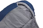 Schlafsack mit Almwolle Eine Nahaufnahme des Grüezi Schlafsacks mit Almwolle (für Körpergrößen bis 185 cm) zeigt die blaue Außenseite und die graue Innenseite ohne Reißverschluss auf weißem Hintergrund.