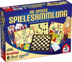 Schmidt Spiele Die große Spielesammlung 100 Spielmöglichkeiten_18007 Schachtel mit Die große Spielesammlung 100 Spielmöglichkeiten von Schmidt Spiele mit Schach Dame Karten Würfel Mensch ärgere Dich nicht und anderen klassischen Spielen die auf dem Umschlag abgebildet sind.