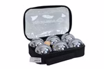 Schildkröt Boule Set aus Stahl 2 x 3 Spielkugeln Zielkugel Abstandsmesser_18041 Das Schildkröt Boule Set aus Stahl besteht aus 2x3 Spielkugeln einer Zielkugel und einem Abstandsmesser die alle ordentlich in einem schwarzen Koffer mit Reißverschluss aufbewahrt werden dessen Deckel geöffnet ist und die glänzenden Metallkugeln im Inneren