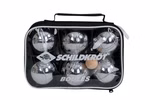 Schildkröt Boule Set aus Stahl 2 x 3 Spielkugeln Zielkugel Abstandsmesser_18042 Ein Koffer mit Reißverschluss und der Aufschrift Schildkröt zeigt durch seine transparente Front sechs Stahlkugeln (2 x 3) eine hölzerne Zielkugel und einen Entfernungsmesser.