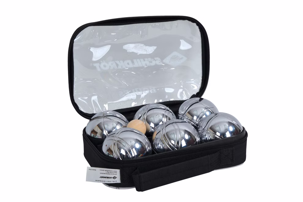 Schildkröt Boule Set aus Stahl 2 x 3 Spielkugeln Zielkugel Abstandsmesser_18041 Das Schildkröt Boule Set aus Stahl besteht aus 2x3 Spielkugeln einer Zielkugel und einem Abstandsmesser die alle ordentlich in einem schwarzen Koffer mit Reißverschluss aufbewahrt werden dessen Deckel geöffnet ist und die glänzenden Metallkugeln im Inneren