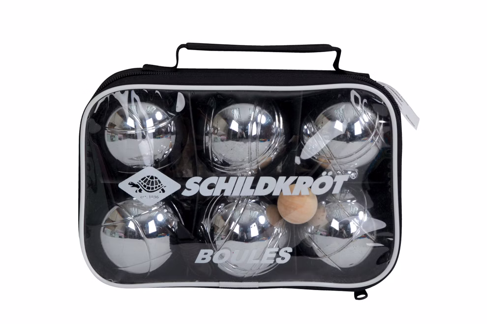 Schildkröt Boule Set aus Stahl 2 x 3 Spielkugeln Zielkugel Abstandsmesser_18042 Ein Koffer mit Reißverschluss und der Aufschrift Schildkröt zeigt durch seine transparente Front sechs Stahlkugeln (2 x 3) eine hölzerne Zielkugel und einen Entfernungsmesser.