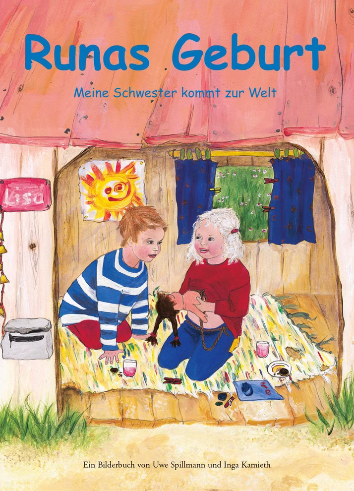 Uwe Spillmann Runas Geburt Uwe Spillmann_18174 Das illustrierte Cover von Runas Geburt Uwe Spillmann von Uwe Spillmann zeigt zwei Kinder auf einem Bett in einem gemütlichen Zimmer. Helle Farben und verspielte Details schaffen eine warme einladende Szene.