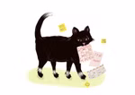 Freies Geistesleben Was wir von Tieren lernen können Franziska Viviane Zobel_18600 Eine schwarze Katze steht auf hellgrünem Grund hält einen Kalender im Maul und ist von Haftnotizen umgeben - eine Illustration die von "Was wir von Tieren lernen können" von Franziska Viviane Zobel (Freies Geistesleben) inspiriert ist.