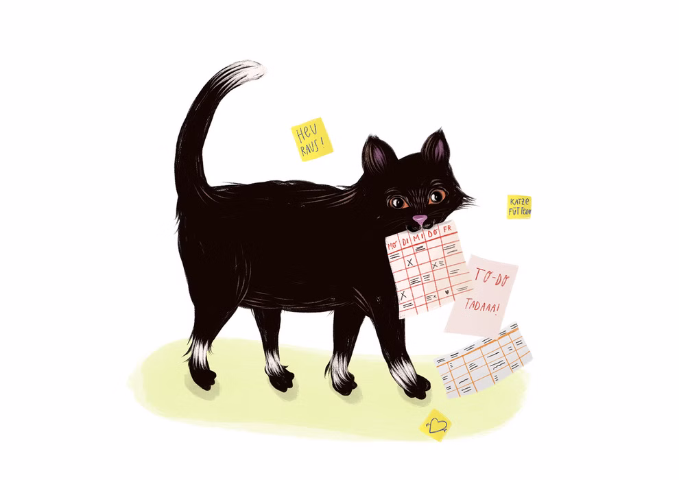 Freies Geistesleben Was wir von Tieren lernen können Franziska Viviane Zobel_18600 Eine schwarze Katze steht auf hellgrünem Grund hält einen Kalender im Maul und ist von Haftnotizen umgeben - eine Illustration die von "Was wir von Tieren lernen können" von Franziska Viviane Zobel (Freies Geistesleben) inspiriert ist.