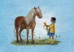 Ein Kind in gelben Regenstiefeln und Jacke füttert ein braunes Pferd mit Karotten auf Gras mit verstreuten Karotten und Blumen vor einem blauen Hintergrund. Aus dem Postkartenbuch "Alle meine Tiere" von Daniela Drescher Urachhaus.
