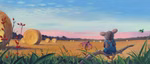 Eine Maus in einem blauen Overall sitzt auf einem Ast zwischen Wildblumen und hohem Gras und schaut auf Heuballen unter einem bunten Himmel - eine Szene aus "Ein großes Herz Jan Kaiser" von Urachhaus.