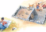 Urachhaus Willy Werkel baut ein Haus George Johansson_18643 Eine Person bespricht Pläne im Gras in der Nähe eines halbfertigen Steinfundaments während eine andere Person ein Hund und Baumaterialien in der Nähe sind. Szene aus "Willy Werkel baut ein Haus" von Urachhaus. Bauwerkzeuge und Pläne liegen verstreut herum.