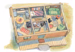 Urachhaus Willy Werkel baut ein Haus George Johansson_18648 Gemütliche Blockhaus-Illustration inspiriert von "Willy Werkel baut ein Haus" von Urachhaus mit einem offenen Dach mit Küche Esstisch zwei Schlafzimmern Bad Wohnbereich mit Sofas bunten Teppichen und Einrichtungsgegenständen.