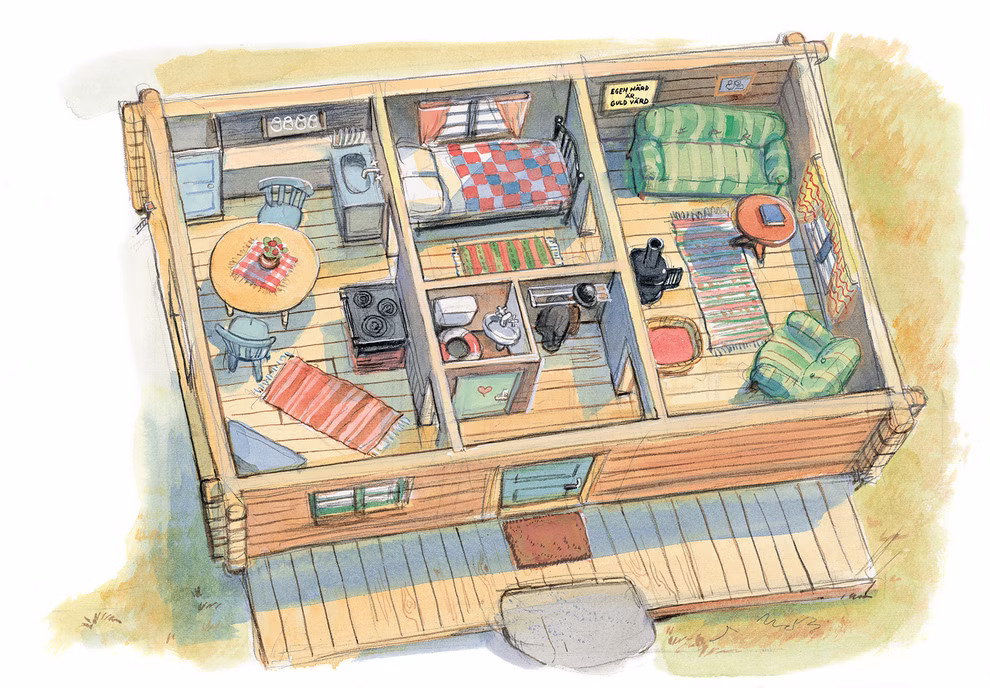 Urachhaus Willy Werkel baut ein Haus George Johansson_18648 Gemütliche Blockhaus-Illustration inspiriert von "Willy Werkel baut ein Haus" von Urachhaus mit einem offenen Dach mit Küche Esstisch zwei Schlafzimmern Bad Wohnbereich mit Sofas bunten Teppichen und Einrichtungsgegenständen.