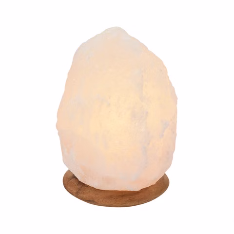 Illuminated salt crystal, white, with wooden base