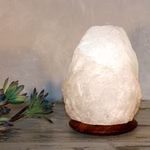 Der Himalaya Salt Dreams Beleuchteter Salzkristall weiß mit Holzsockel (ca. 2-3 kg) steht neben einer kleinen grünen Sukkulente auf einer rustikalen Holzfläche mit neutralgrauem Hintergrund.