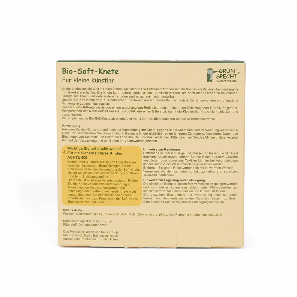 Grünspecht Naturprodukte Bio-Softknete _18816 Rückseite einer gelben Bio-Softknete-Schachtel von Grünspecht Naturprodukte mit deutschem Text zur Beschreibung dieser Kinderknete Sicherheitshinweisen Gebrauchs- und Reinigungshinweisen sowie einer Liste der Inhaltsstoffe.