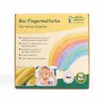 Eine Schachtel Bio-Fingermalfarbe von Grünspecht Naturprodukte für Kinder mit einem Regenbogenmotiv einem lächelnden Kinderfoto einer Ähre und einer deutschen Produktinformation auf der Vorderseite.